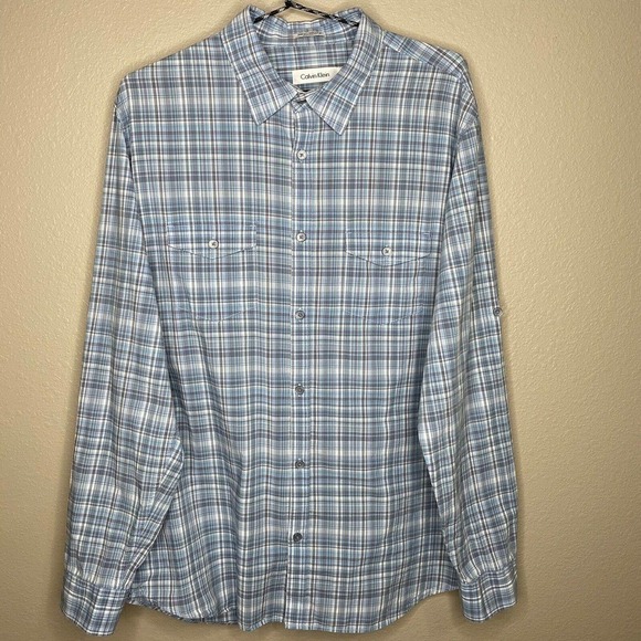 Calvin Klein Men's Blue White Plaid 100% Cotton Long Sleeve Button Up Shirt - Picture 10 of 10